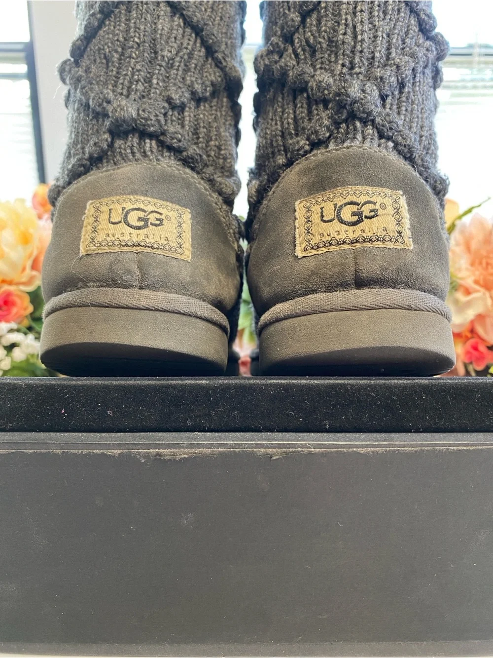 UGG Classic Argyle Knit Tall Sweater Boots Charcoal Gray Sheepskin Women’s 6